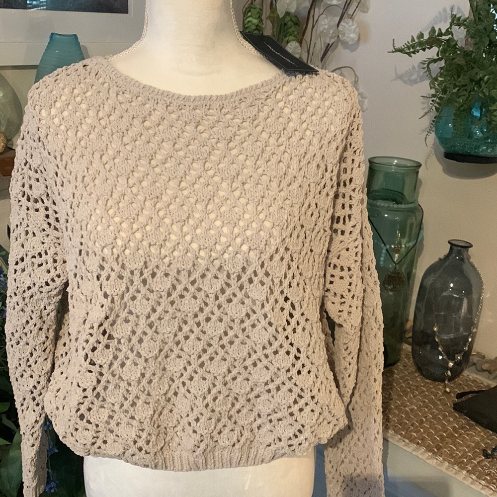 Anthropology Moon & Madison NWT open knit beige cropped sweater size Small